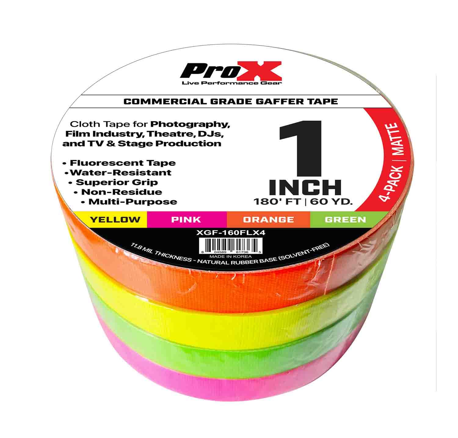 Prox XGF-160FLX4 4-Pack 1 Inch 180FT 60YD Multi-Color Fluorescent Commercial Grade Gaffer Tape Pros Choice Non-Residue