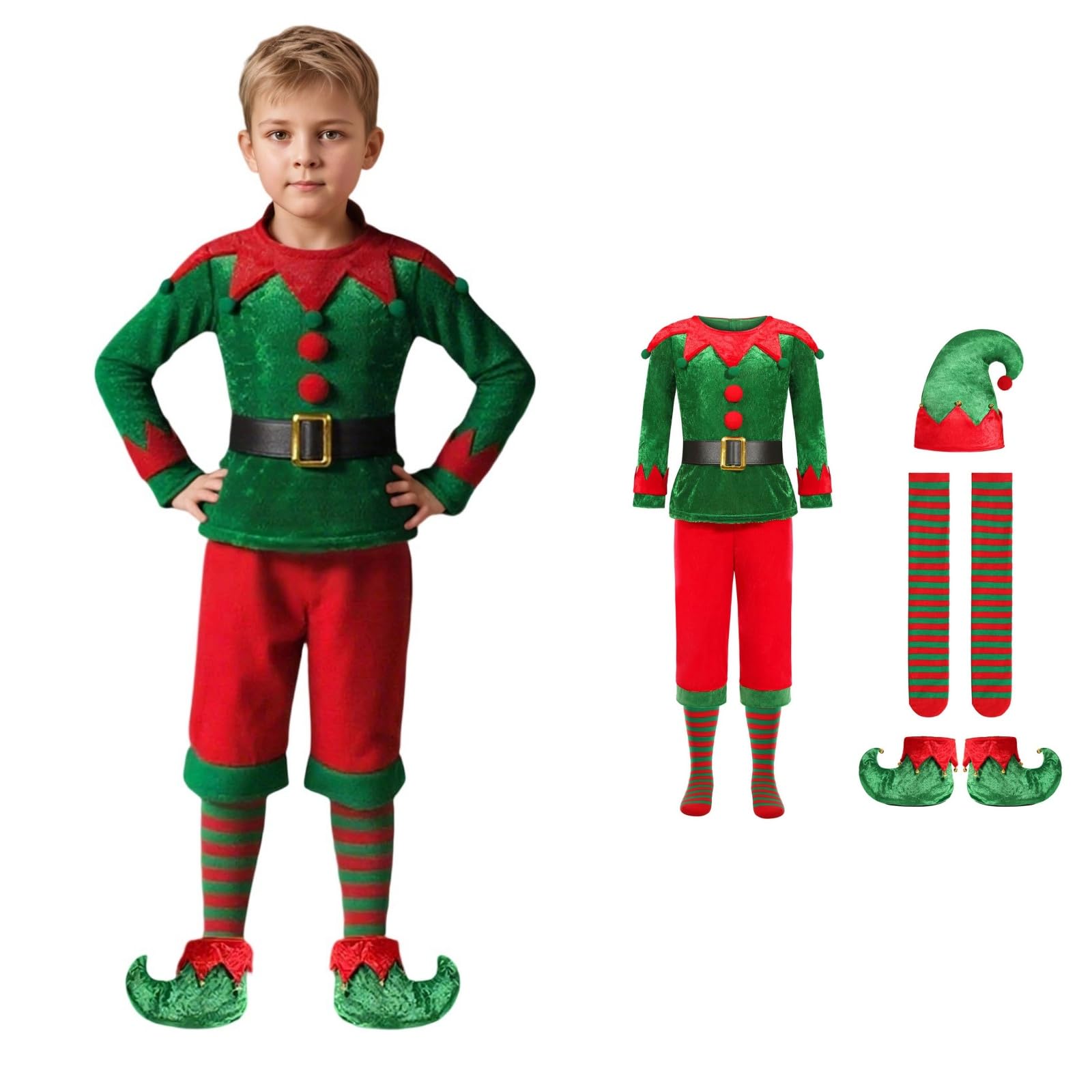 Kids Elf Costume, Boys & Girls Christmas Santa's Helper Fancy Dress Velvet Party Outfit, Cheeky Elves Dress Up Including Green Top, Red Trousers, Elf Hat, Belt, Boots & Long Striped Socks
