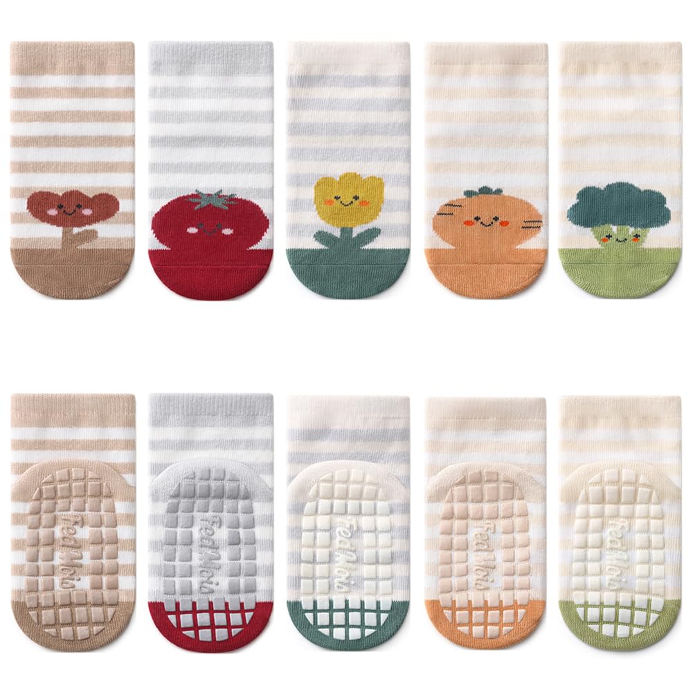 FedMois 5er Pack Baby Kleinkinder ABS rutschfeste Socken Sneaker Socken Tiermotive Baumwolle, Früchte, 1-3 Jahre