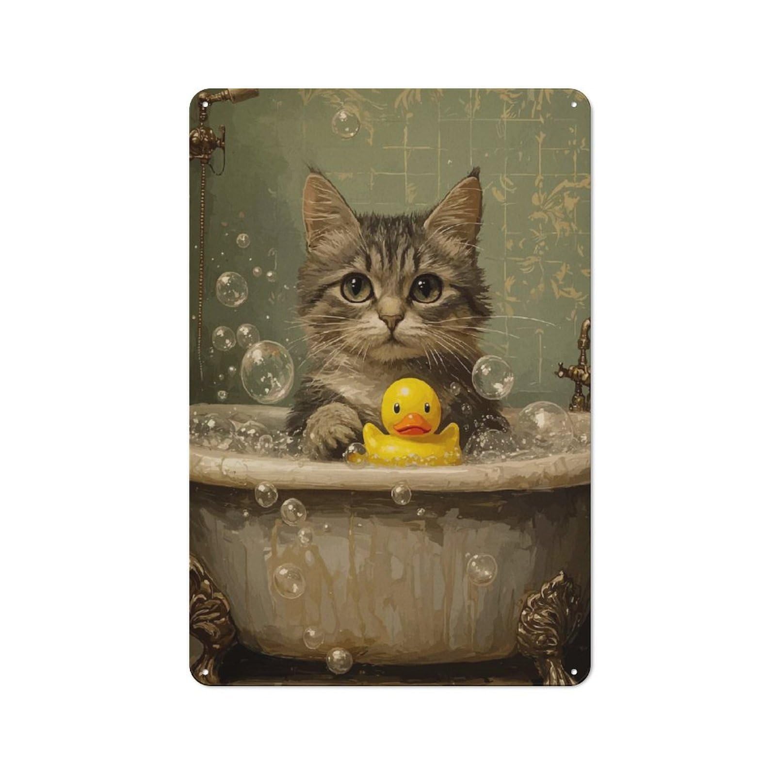 Understated Office Metal Sign 30x20cm Featuring Cat in A Tub, Studio Wall Plaque for Office, Study, Studio Or Hallway