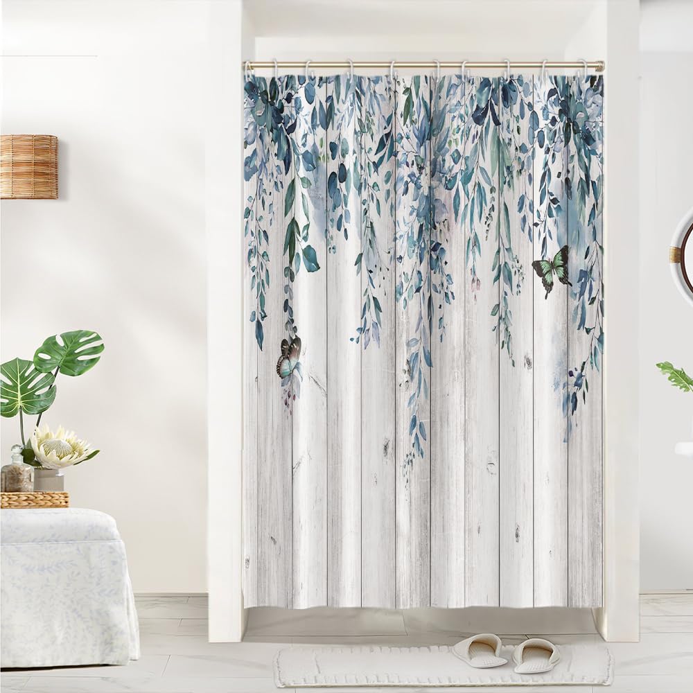 Uiiooazy Duschvorhang 150x180cm, Duschvorhang Anti Schimmel Eukalyptus Blau Blätter Holzbrett Blumen Vintage Duschvorhänge Wasserdicht Polyester Stoff Waschbar Bad Vorhang mit 10 Haken für Badezimmer