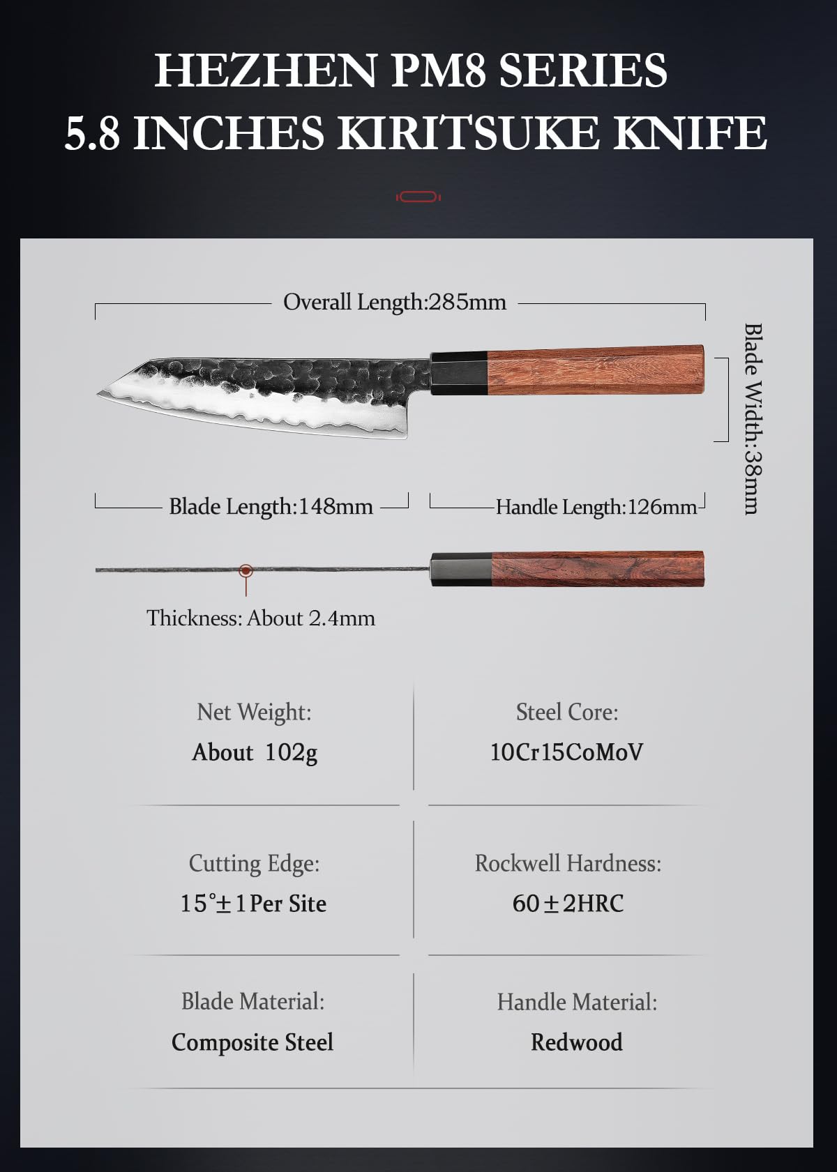 HEZHEN 15 cm Cuchillo de Kiritsuke Bunka Cuchillo de Chef Estilo Japonés | Hoja Negra, Acero Compuesto de 3 Capas, Mango Octogonal de Redwood, Cuchillos de Cocinero Para Verduras y Carnes