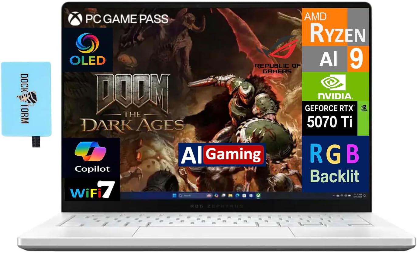 ROG Zephyrus G14 Latest 2025 AI Gaming Laptop Copilot + PC 14.0" 2.8K OLED 120Hz Display (AMD Ryzen AI 9 HX 370, GeForce RTX 5070 Ti 12GB, 32GB LPDDR5X, 2TB SSD, RGB KB, Win 11 Pro) w/DKZ Hub