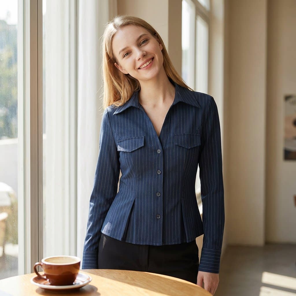 Camicia Donna,Camicia da Donna Sweet Strip con Pieghe, Blusa Slim Casual a Maniche Lunghe, Camicia Sottile con Bottoni