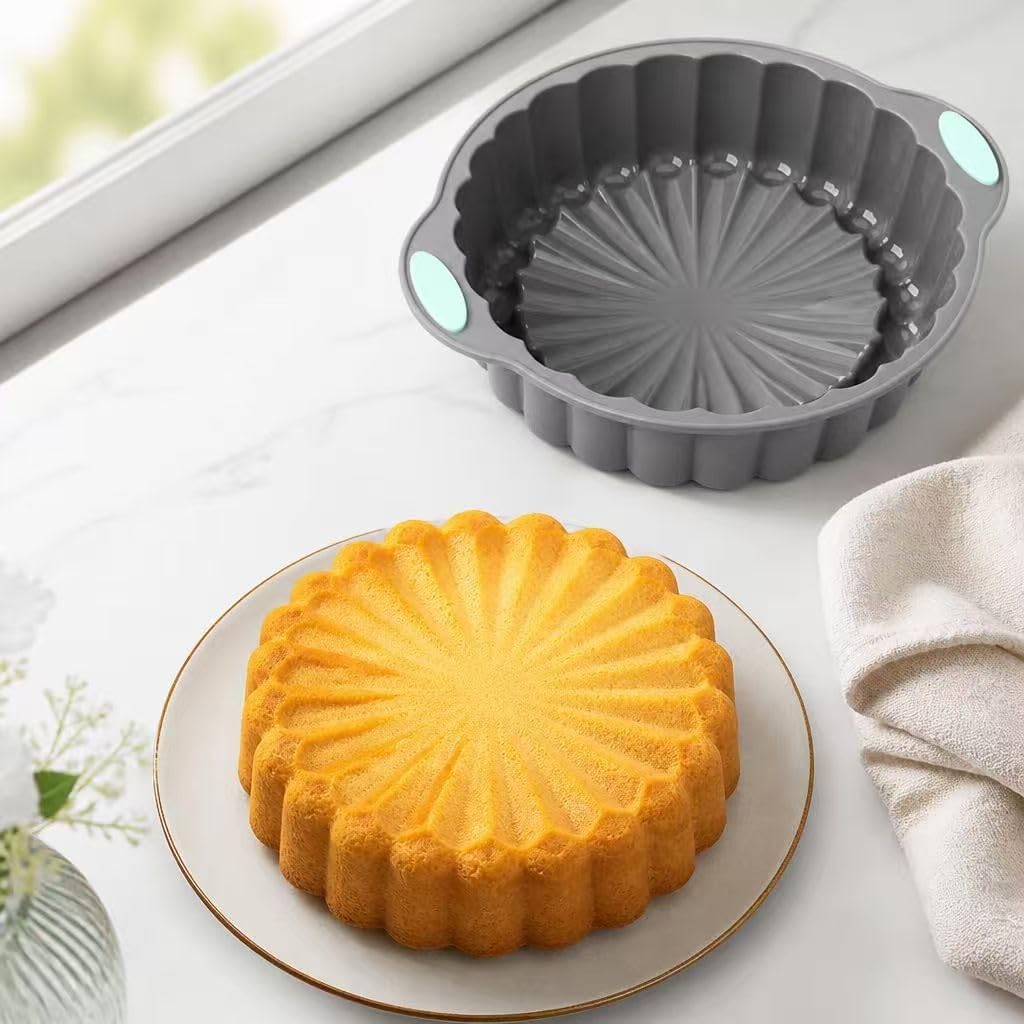 Gray Green Silicone Bakeware Set of 3, Round Flower Pan 6 & 12 Cavity Pastry Trays for Household Baking