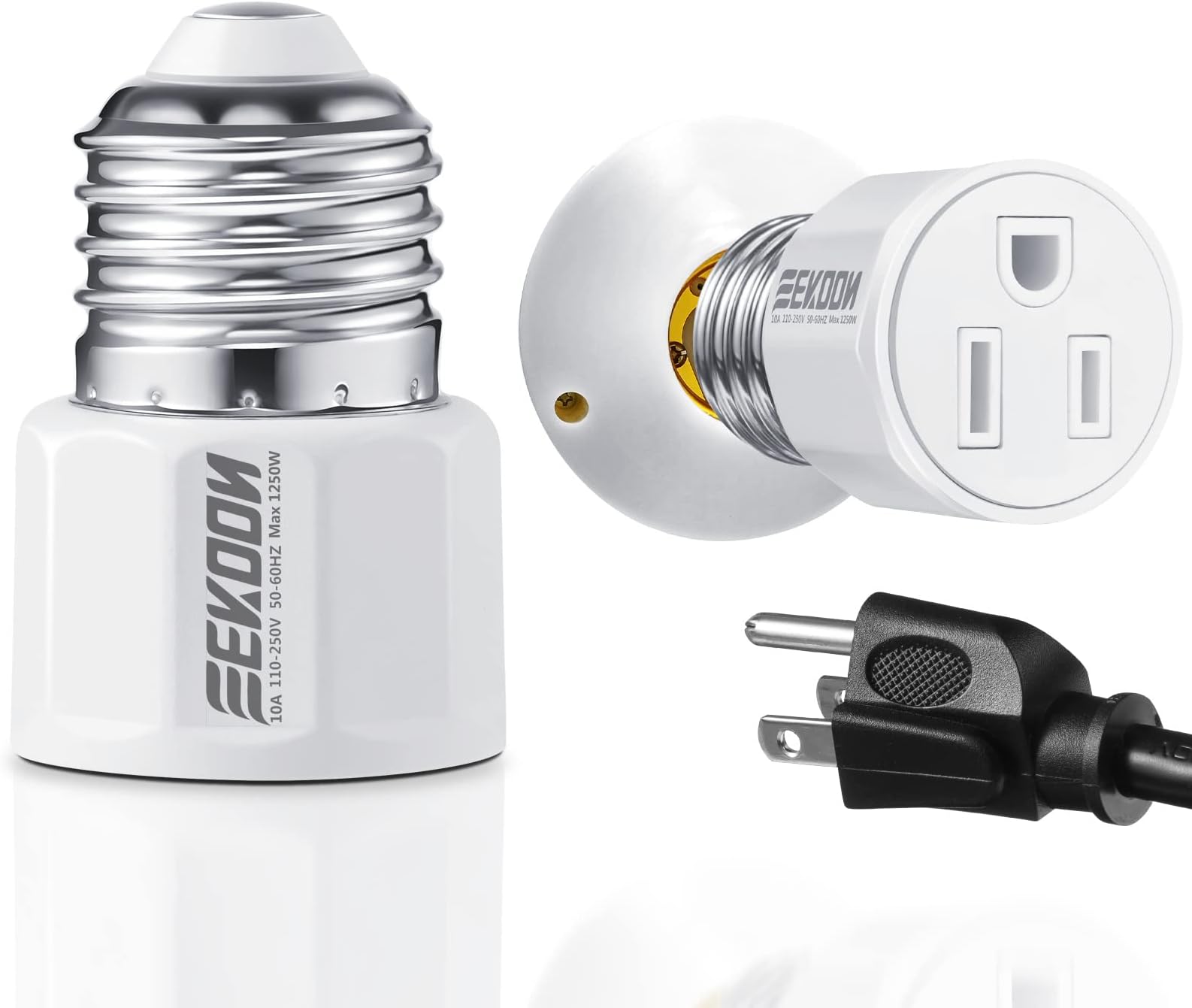 1 Pack E26/ E27 3 Prong Light Bulb Socket Adapter, Polarized Light Socket Outlet, Lights Sockets to Plug Adapter Sockets Converter, Lights Bulb Plug Adapters for Patio, Garage, Porch (White)