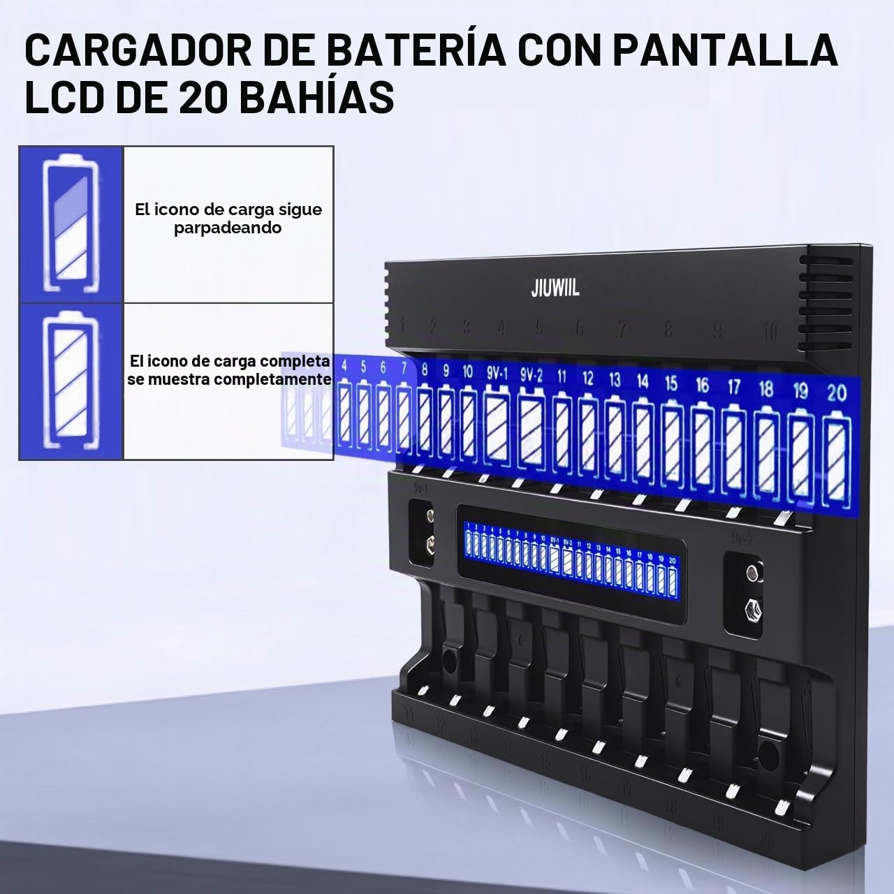 Cargador de Pilas AA AAA con 20+2 Ranuras con Pantalla LCD | Cargador inteligente, apto para baterías recargables de iones de litio, LiFePO4, RCR123, 18650, 26650, 10440, 14500 y 9V