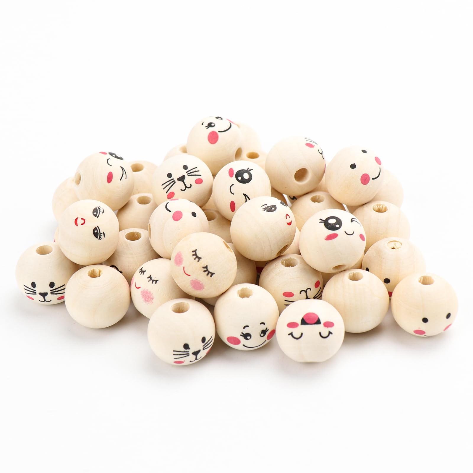 Wnddle Perles En Bois Pour Le Visage - Lot De 60 Perles Rondes De 20 Mm Avec Tête De Poupée Souriante - 3 Styles