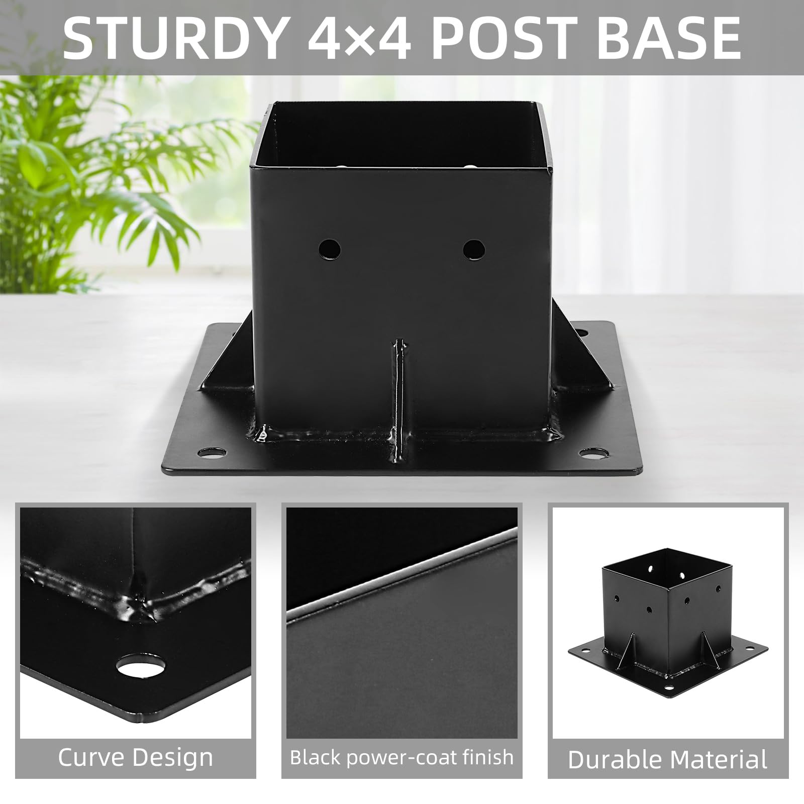 Base de poste de 4 x 4, 4 piezas, base de anclaje para poste de cubierta (interior de 3.5 x 3.5 pulgadas), soporte de poste con recubrimiento en polvo negro, soportes de pérgola para valla