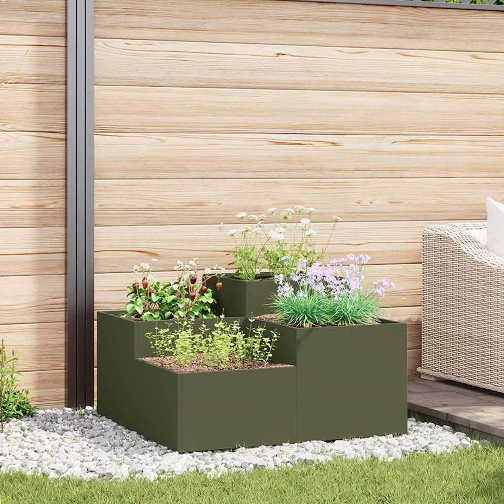 Oliwkowa zieleń ogrodowa osłona 100 x 100 x 48 cm stal | Prostokątny, drenażowy otwarty dno, prosty montaż, na taras i ogród