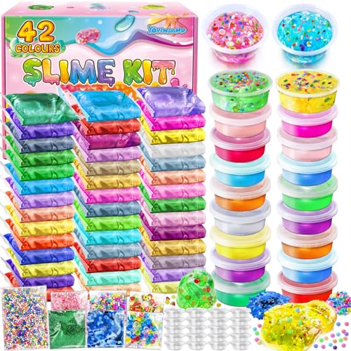 42 Colores DIY Slime Kit, Slime Making Kit para Niñas, Crystal Clear Slime, Glow in The Dark Slime con Complementos Bolas de Espuma, Amuletos, Purpurina, Juguetes de Regalo para Niños