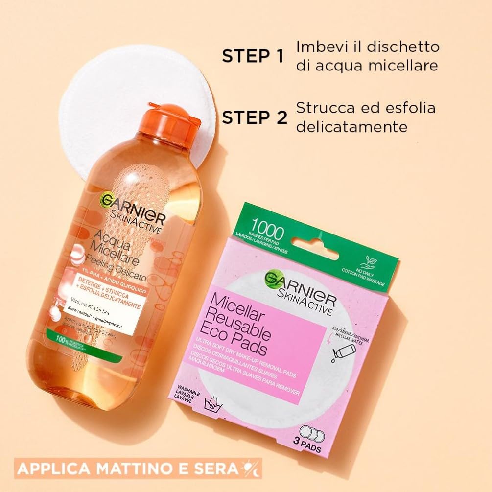 Garnier SkinActive Acqua Micellare Tutto-in-1, Peeling Delicato, Esfoliante, Per Tutti i Tipi di Pelle, Senza Risciacquo, Formula Vegana e Ipoallergenica, 400 ml