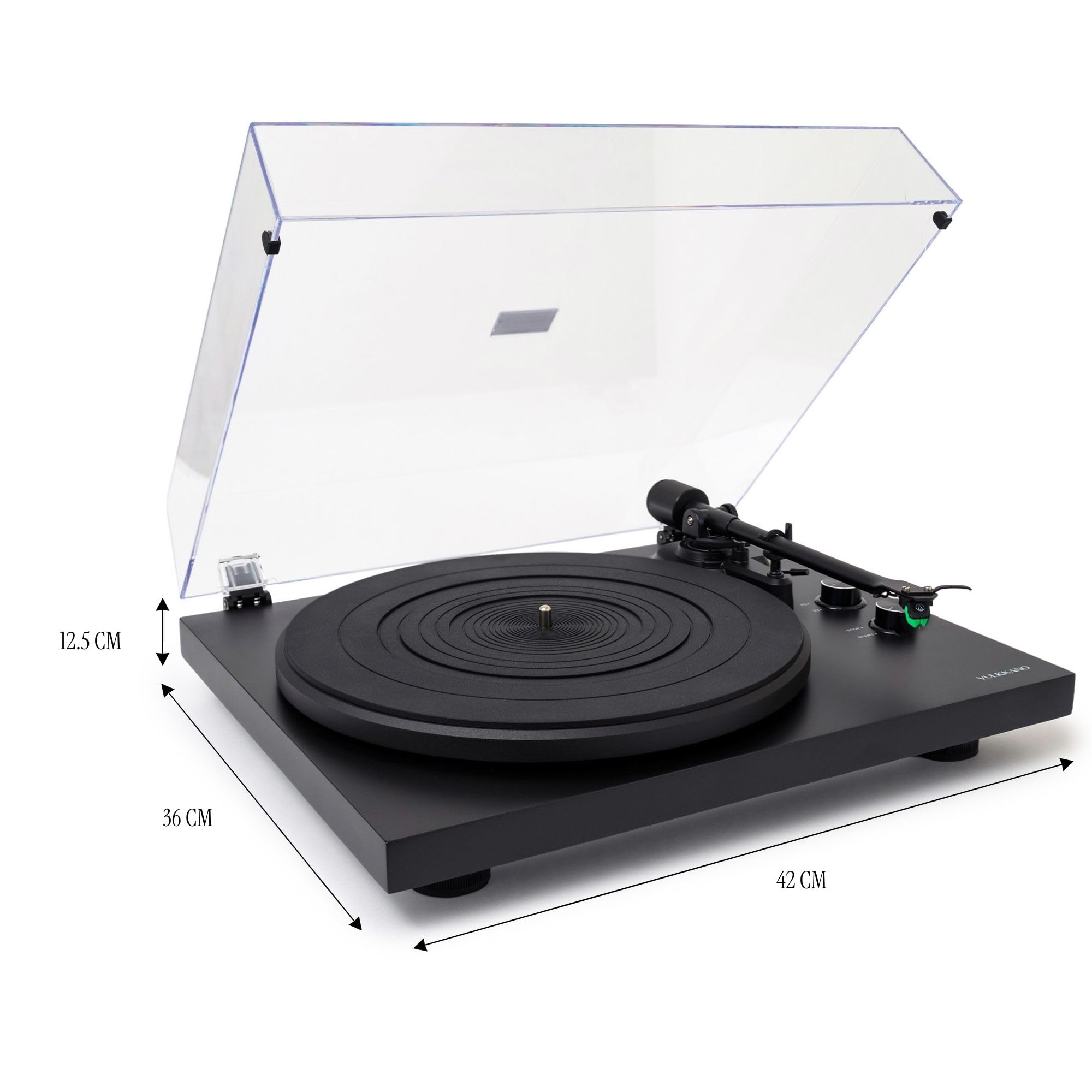 VULKKANO TD20 Tocadiscos de Vinilo con Cápsula AT-VM95E MM, Brazo Anti-Skating, Previo Fono/Línea Integrado y Auto-Stop, Reproductor Vinilo 33 y 45 RPM, Negro Mate