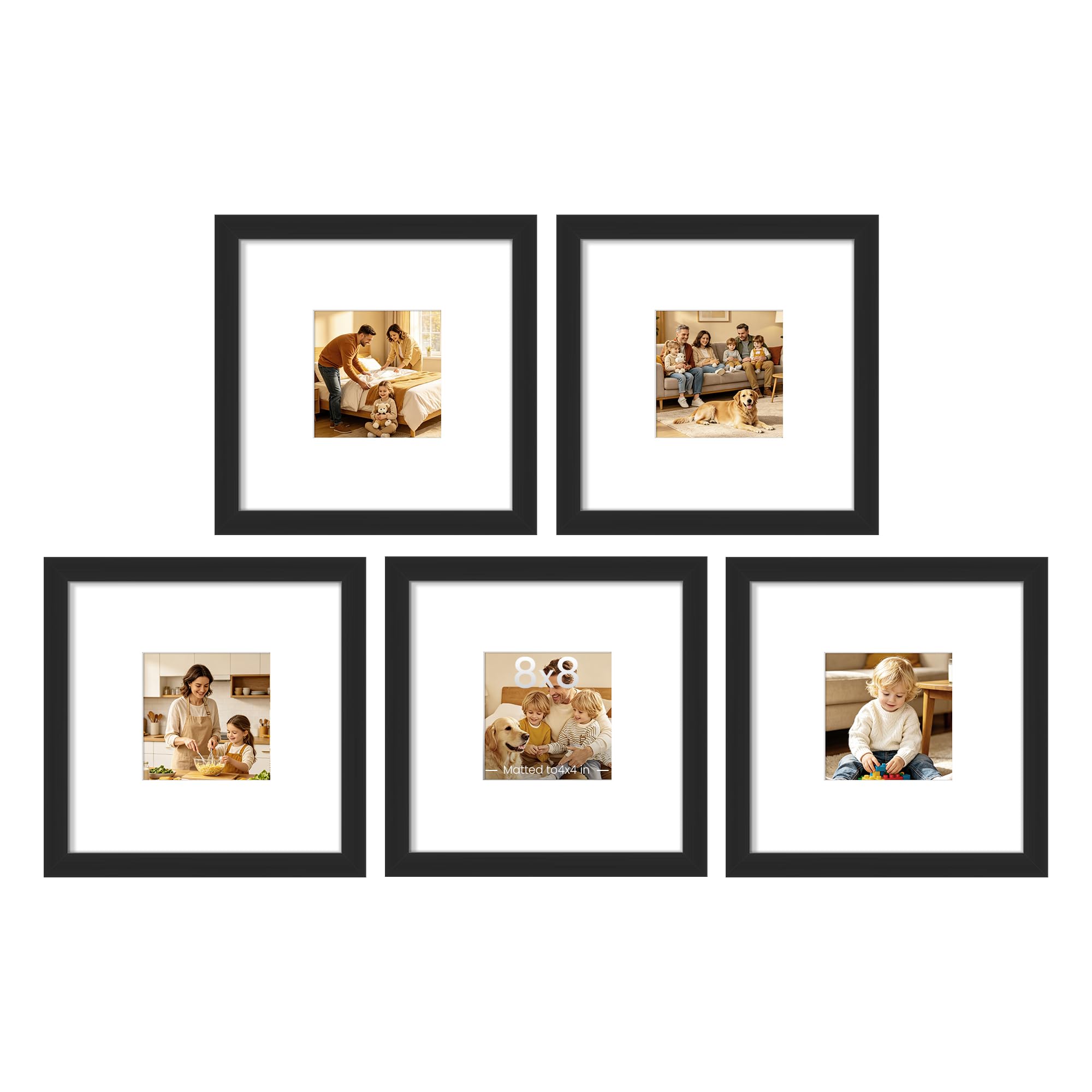 upsimples 8x8 Picture Frame Set of 5, Display Pictures 4x4 with Mat or 8x8 Without, Wall Gallery Poster Frames, Black