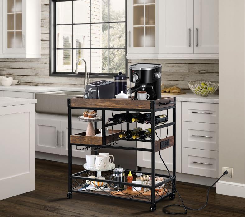 Bar-Cart-with-Power-Outlet-Industrial-Kitchen-Serving-Cart-with-Wine-Rack-Glass-Holder-Coffee-Bar-Table-Station-with-Storage-Rolling-Cart-on-Wheels-with-59IN-Cord-Brown Bar Cart with Power Outlet Industrial Kitchen Serving Cart with Wine Rack Glass Holder Coffee Bar Table Station with Storage Rolling Cart on Wheels with 59IN Cord Brown