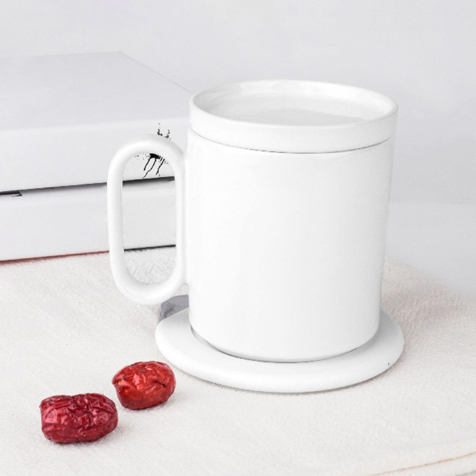Chauffe-Tasse Électrique Mug Plateau Chauffe-Boisson Intelligent sans Fil avec Couvercle en Céramique Maintien Chaleur Adapté Famille Bureau Utilisati, Blanc