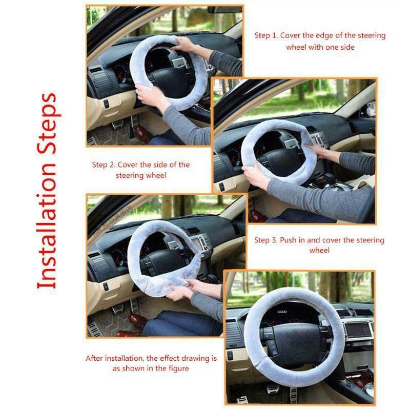Funda de volante de felpa para volante de 37 a 39 cm de diámetro, accesorios para interior de coche, color rosa/negro/gris