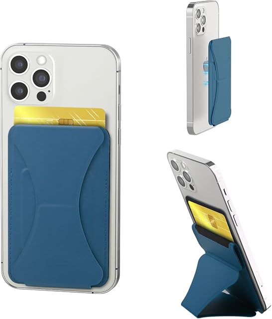 LL TRADER Folding Magnetic Wallet & Portable Phone Stand, 2 in 1 Leather Card Holder Compatible with MagSafe for iPhone 12 / iPhone 13 Series (Navy Blue)