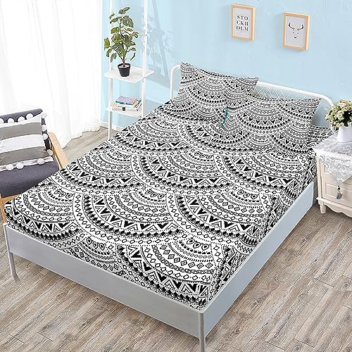 Bohemian Super King Fitted Sheet Fan Bed Sheets Deep Pocket 12 inch (30 cm) Soft Cozy 3 Piece Microfibre Bed Sheet 180x200 cm with 2 Pillowcases 50x75 cm