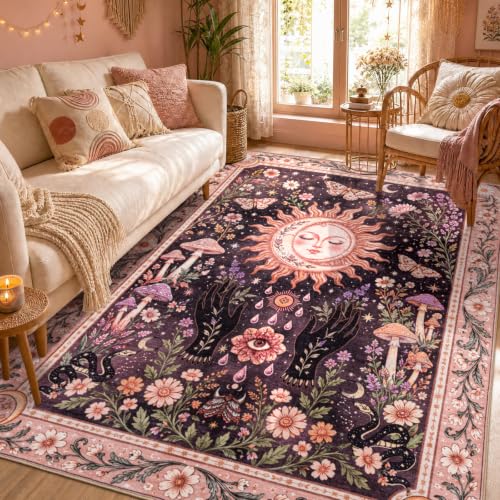 5x7 Black and Pink Area Rug Living Room Bedroom, Washable Boho Gothic Rug | Soft Low-Pile Comfort for Dining Room, Nursery and Playroom with Whimsical Celestial Artwork