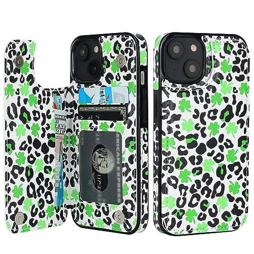 Image of HAOPINSH for iPhone 13 /14 Wallet Case with Card Holder, Clover Leopard Cheetah Pattern Back Flip Folio PU Leather Kickstand Card Slots for Women Girls, Double Magnetic Clasp Shockproof Cover 6.1 inch