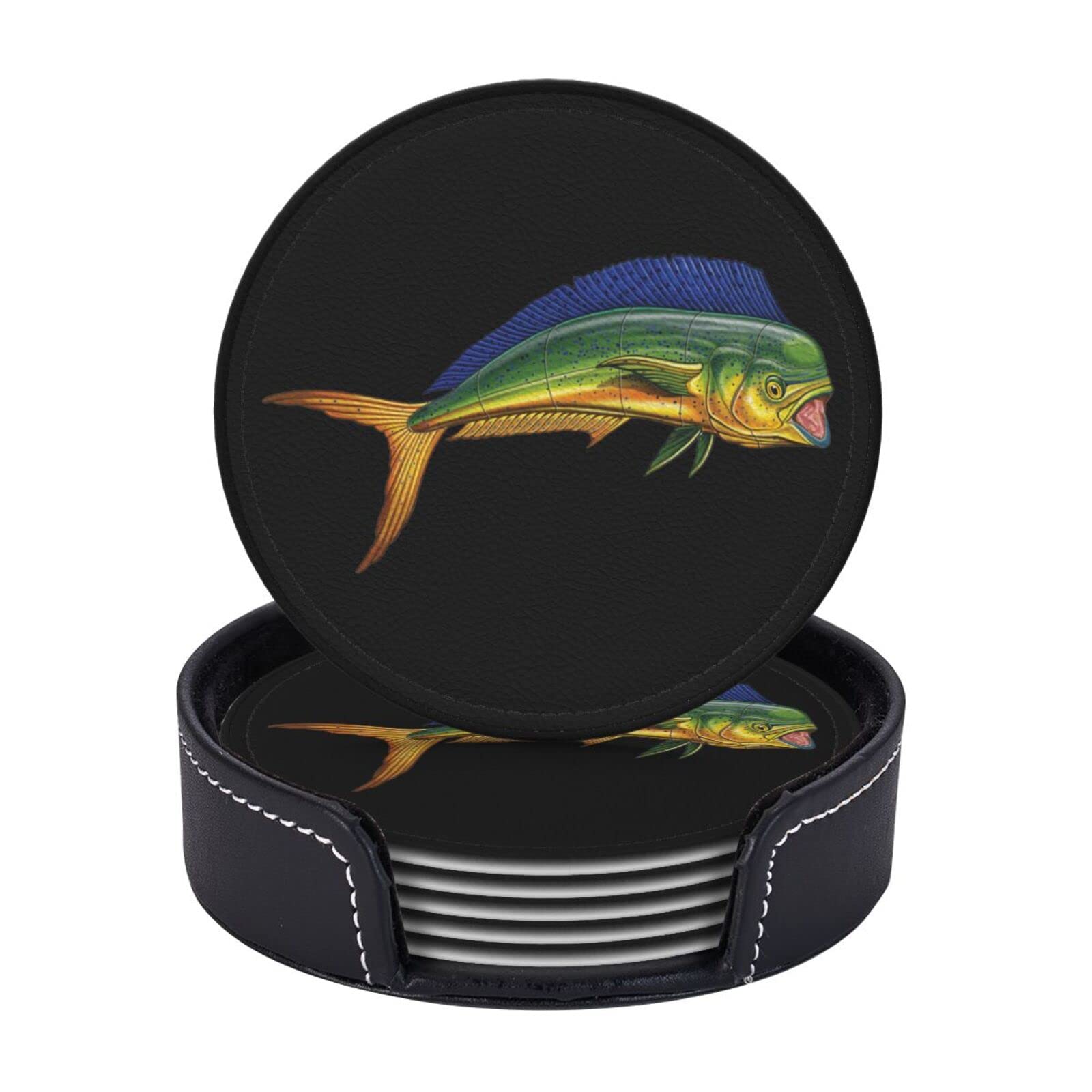 OudrspoLeather Coasters Set of 6, Mahi Fish Coasters, Heat Resistant Coaster Set for Drinks Coffee Tea