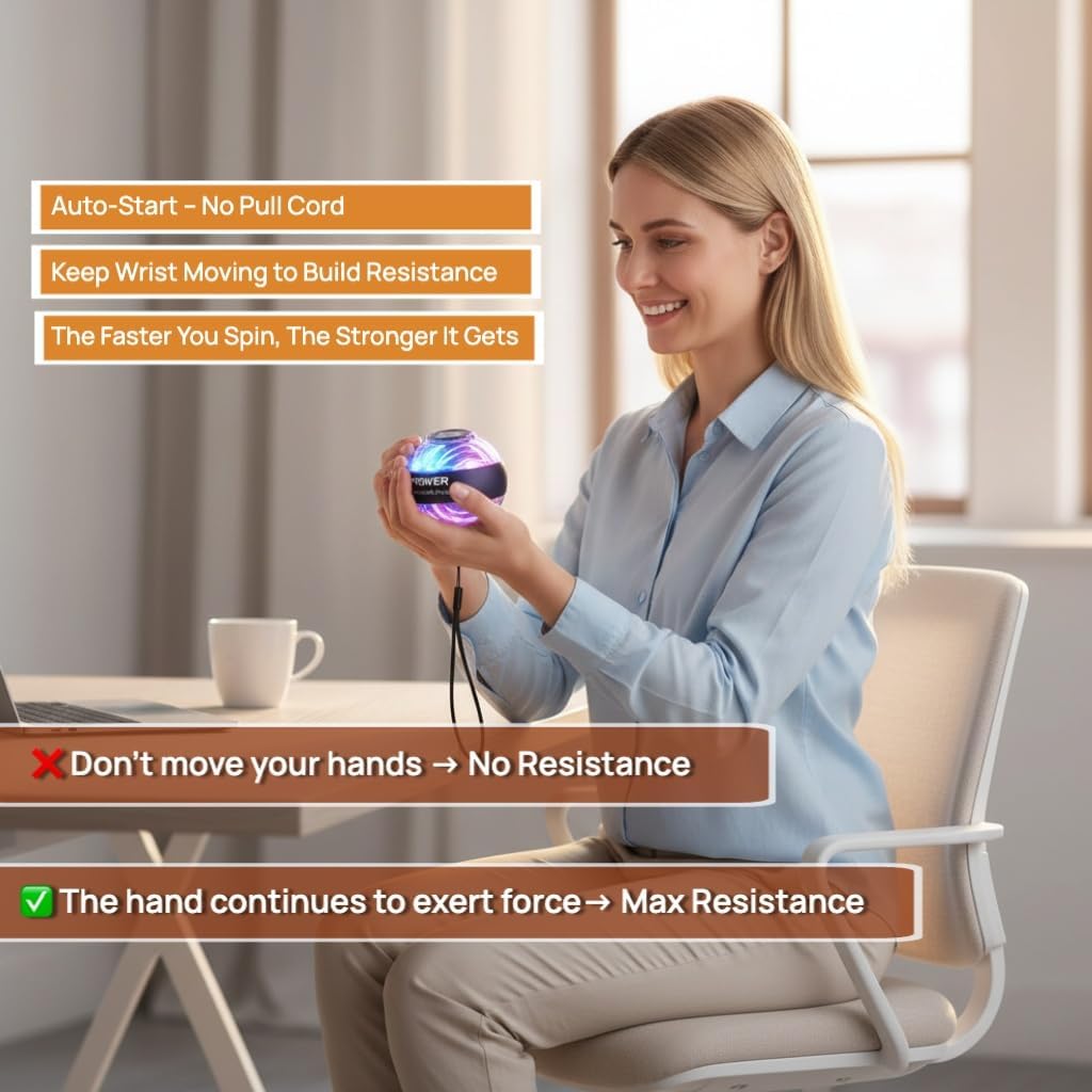 Torque Ball with Counter, Auto-Start Gyroscopic Wrist Exerciser, Forearm & Grip Strength Trainer, Hand Strength Training Ball with LED Lights（with Screen Counting Function）