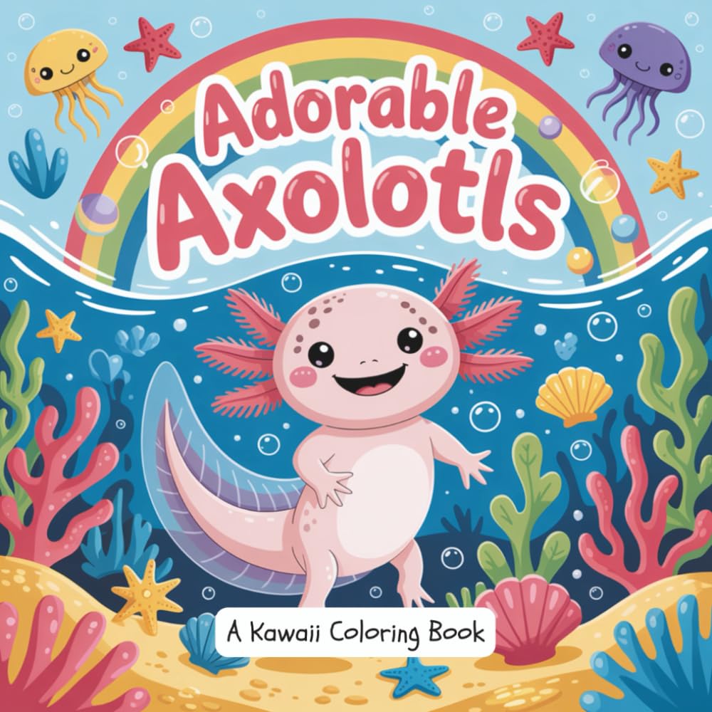 Adorable Axolotls: A Cute Kawaii Coloring Book for Kids – Fun Axolotl Illustrations, Easy Coloring Pages for Relaxation, Creativity, and Stress Relief