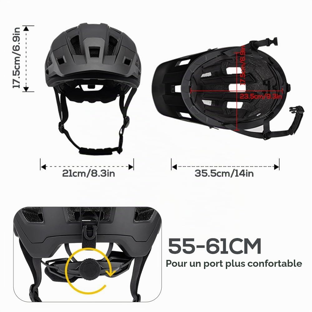Kavolet Casque de vélo pour adulte - Casque de VTT pour homme et femme - Tour de tête de 55 à 61 cm - Cadran réglable - Visière amovible - 14 ouvertures d'aération