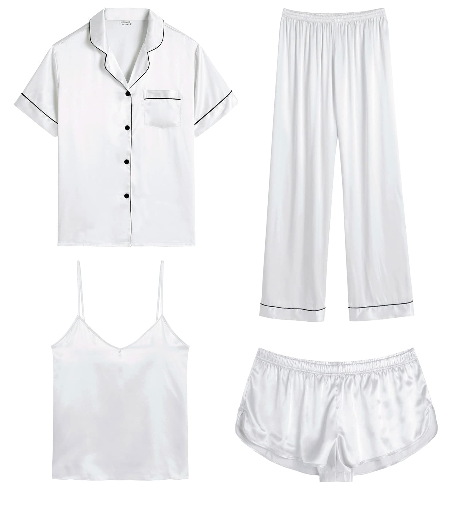 SWOMOG Womens Silk Satin Pajamas Sets 4pcs Sleepwear Sexy Cami Shorts Set and Button Down Short Sleeve Pjs Loungewear