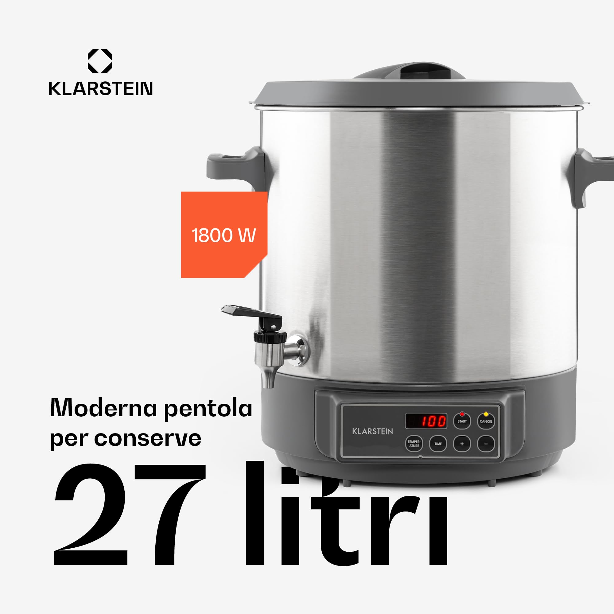 KLARSTEIN Lady Marmalade - Pastorizzatore, Dispenser per Bevande Calde, 27 L, 1800 Watt, 30-100 °C, Timer, Funzione Mantenimento Calore, Protezione Ssurriscaldamento, Acciaio Inox Spazzolato