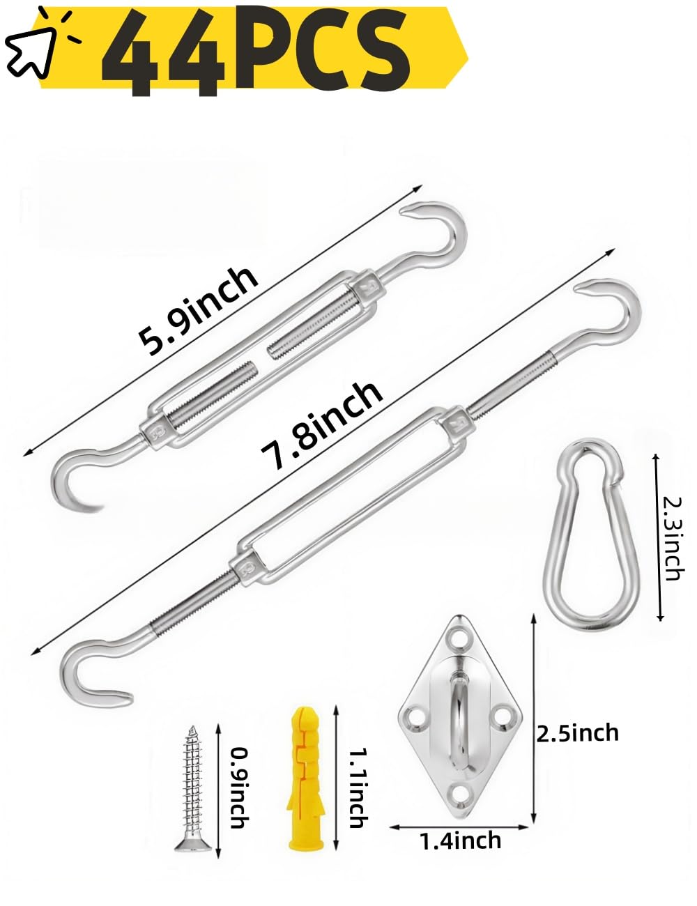 luvilly44 Pcs Shade Sail Hardware Kit, Anti-Rust Hardware Kit Stainless Steel Sunshades, Installation Set for Patio Lawn and Garden