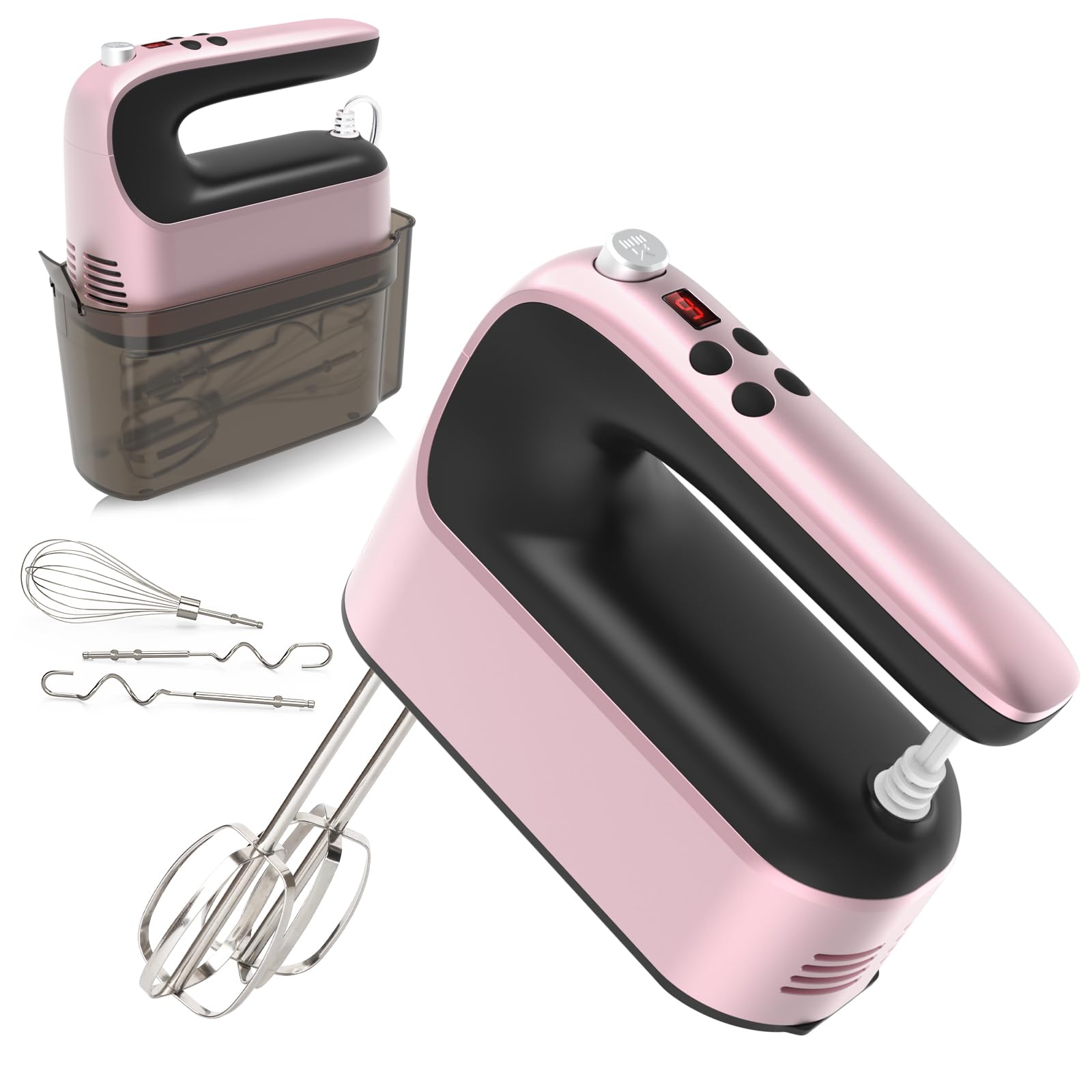 Yomelo 9-Speed Digital Hand Mixer Electric, 400W Powerful DC Motor, Hand Mixer Electric Handheld with Snap-On Storage Case, 5 Stainless Steel Accessories, Beaters, Dough Hooks, Whisk(Rose Gold)