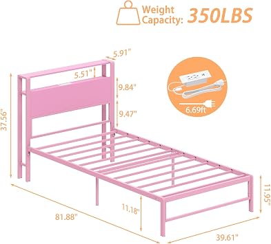 Weehom Twin Bed Frames with 2 Tiers Wood Storage Shelves Headboard Kids Bed | Twin Size Bed with Charger Stations and LED Light, Under Bed Storage Space, Metal Platform Bed for Girls and Adults, Pink