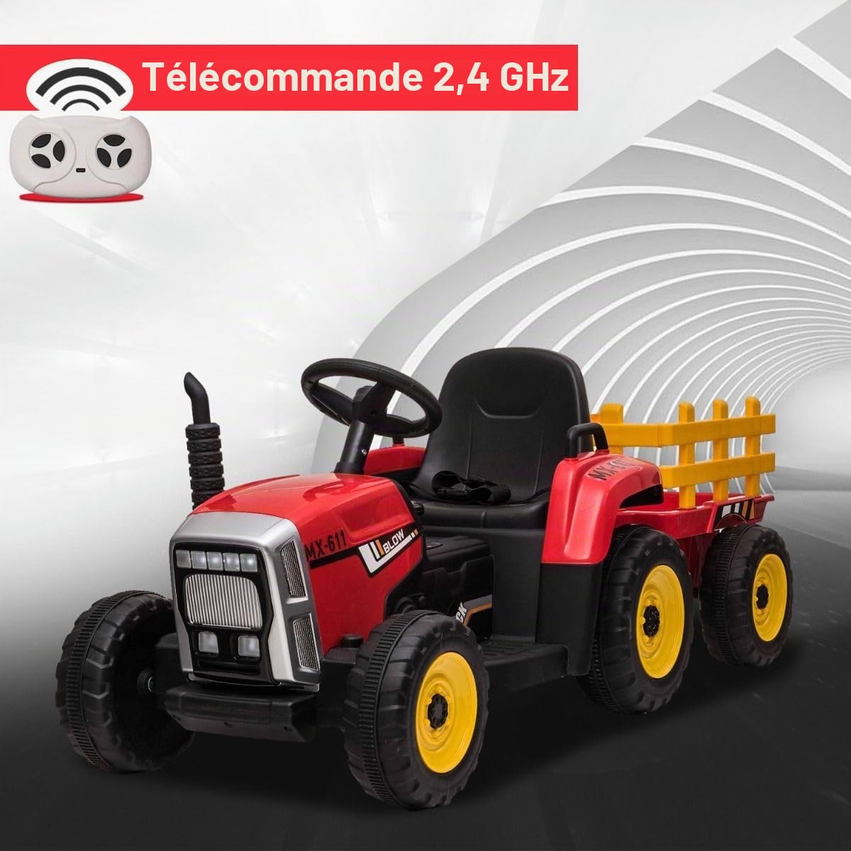 Tracteur électrique Workers avec remorque, Rouge, Traction arrière, Batterie au Lithium, Roues Plastique, siège Large, télécommande 2,4 GHz, Lecteur MP3 avec entrée USB +Bluetooth, lumières LED