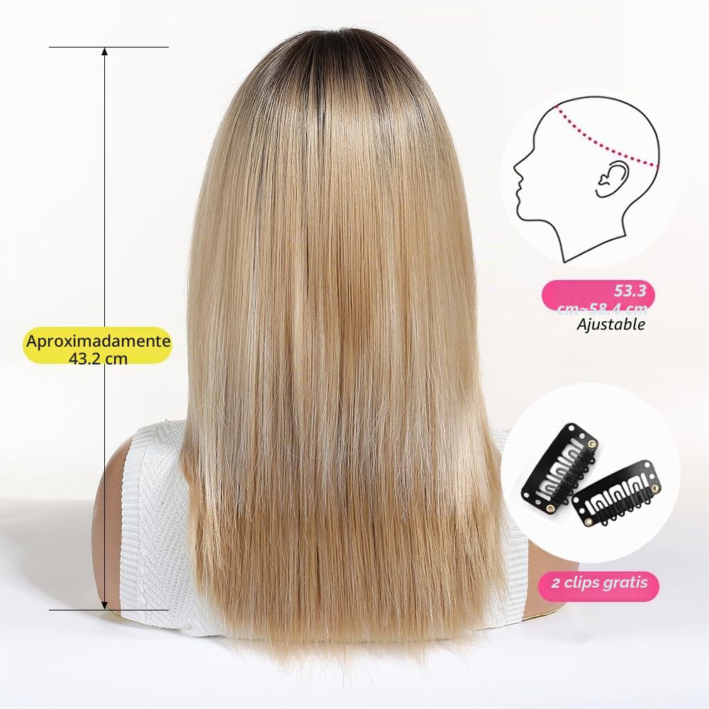 Ombre Rubio Pelucas para las mujeres de longitud media Peluca larga recta con flequillo pelo sintético resistente al calor Pelucas para todos los días del partido Cosplay Wear