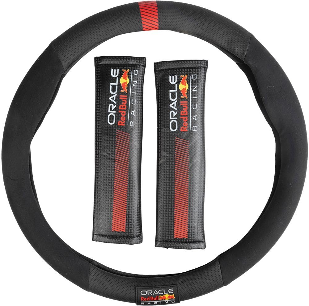 Red Bull Kit Coprivolante antiscivolo e 2 Passacintura imbottiti Powerbar racing Nero/Rosso per auto, Materiale Antiscivolo, Facile Installazione, Resistente e Universale, Diametro Coprivolante 38 cm