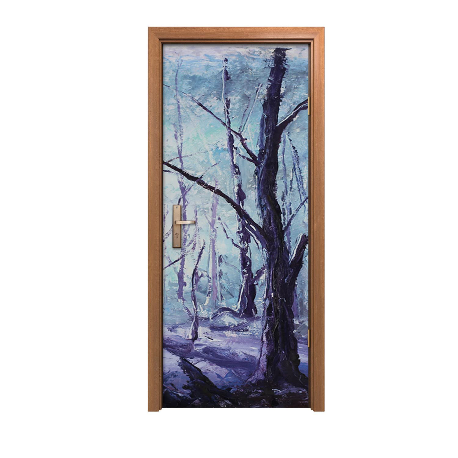 Autocollant de porte 90x200cm décoration murale trompe l'oeil forêt de neige hivernale