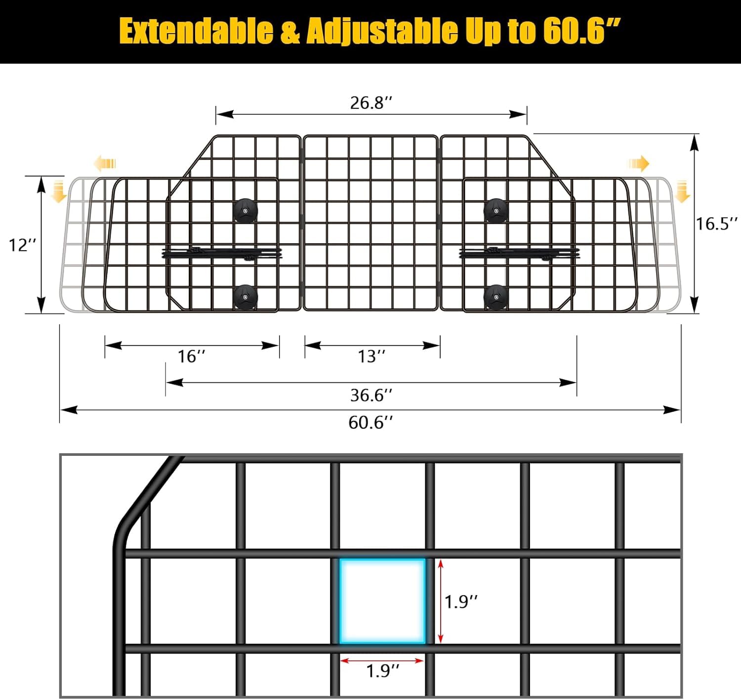 Gtongoko Barriere per auto per cani, per SUV, veicoli, auto, camion, in rete metallica resistente, regolabile, per animali domestici, SUV, universali, accessori per auto da viaggio, 2 corde elastiche