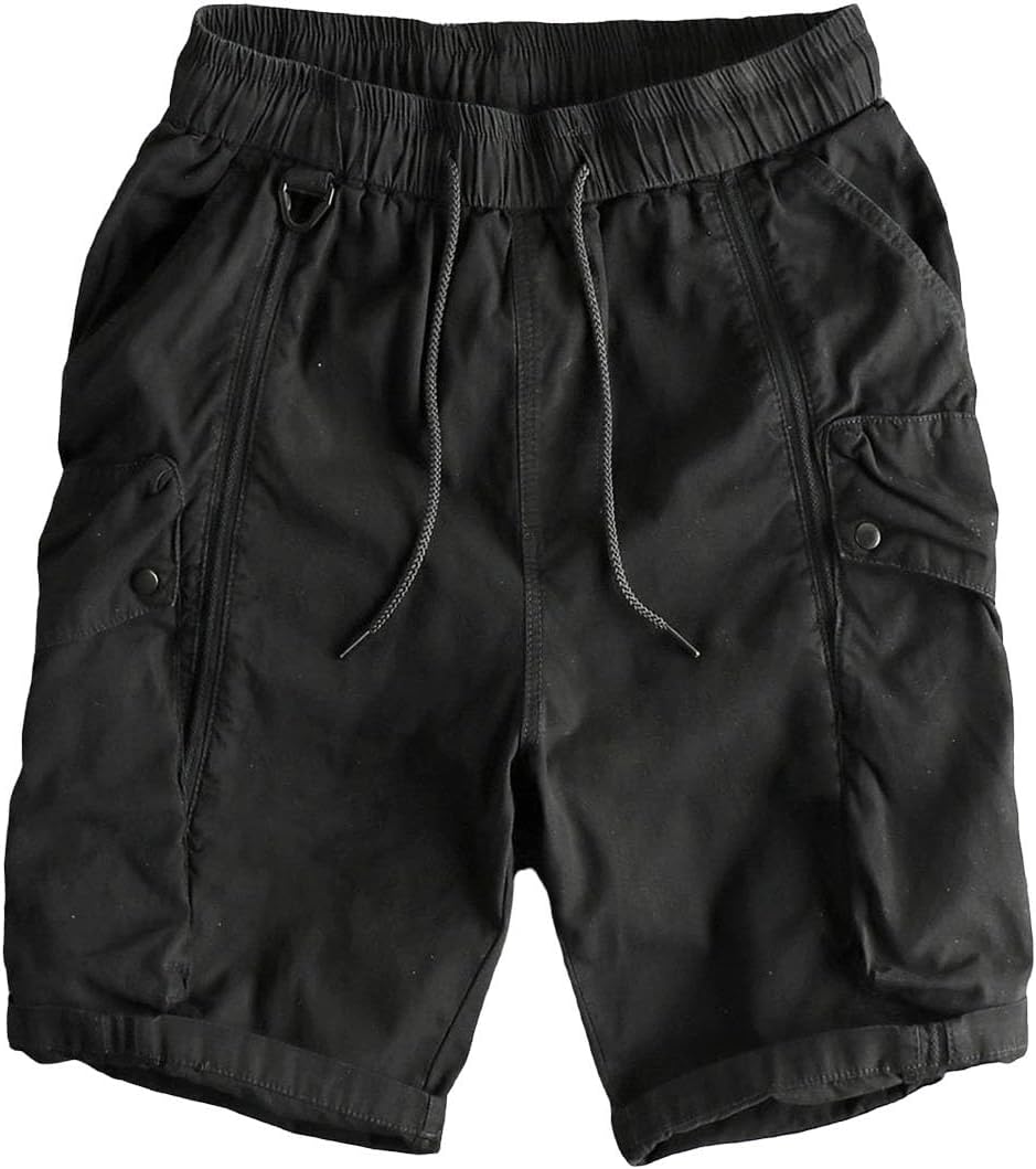 Mens Cargo Shorts 100 Percent Cotton Retro Elastic Waist Outdoor Straight Loose Fit Casual Knee Length