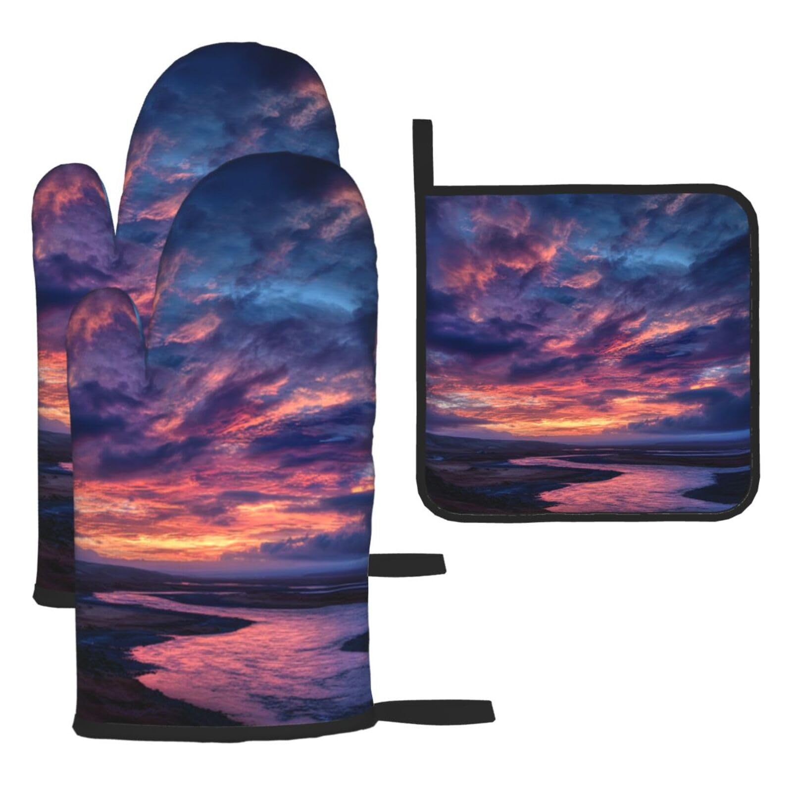 Oven Mitts and Pot Holders Set of 3 Heat Resistant Non-Slip Kitchen Gloves Hot Pads Iceland Sunset Oven Mitts Kitchen Mittens Gloves Non-Slip Potholders for Cooking Baking Grilling BBQ