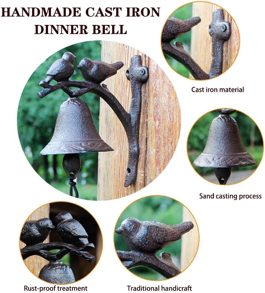 Classic Cast Iron Doorbell-Double Bird Decoration, Weather-Resistant Handmade Wall Bell for House, Patio & Gate, Pull Rope/Easy to Install