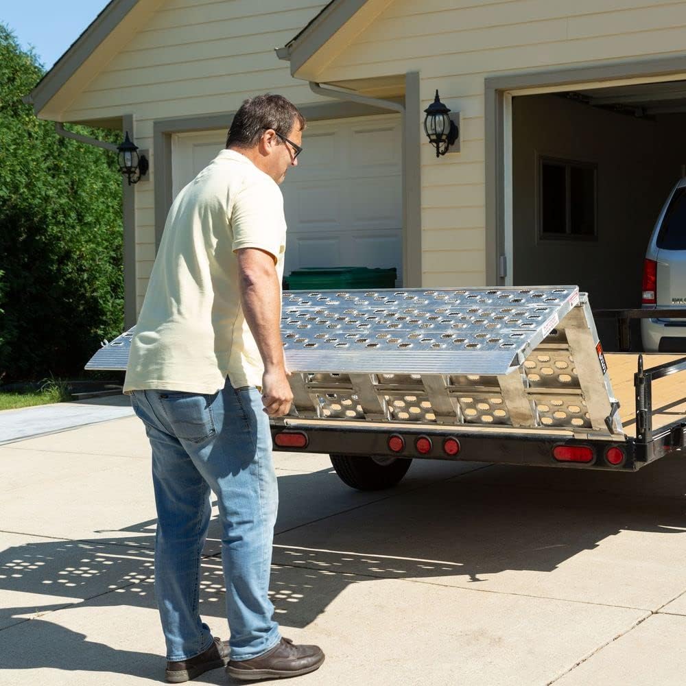 HD Ramps 48" L x 69" W Bi-Fold Aluminum Landscaping Trailer Ramp – 5,000 lb. per Axle Capacity – USA Made, Punch Plate Surface, Fits Utility & Mower Trailers up to 72" W