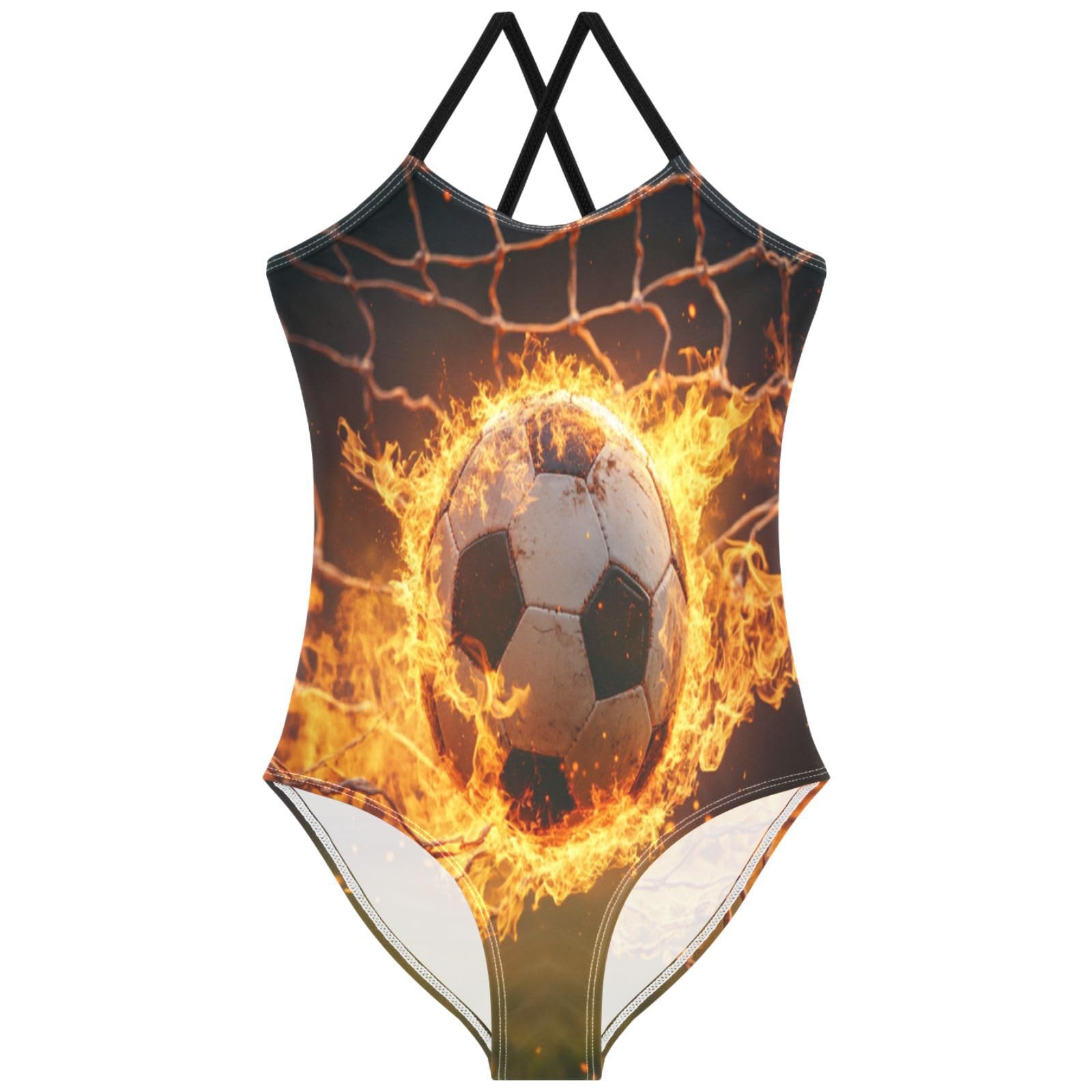 Pigsaly Girls One Piece Swimsuits Red Fire Soccer Ball Football Kids Cross Back Swimwear Toddler Beach Sport Bathing Suit 3T