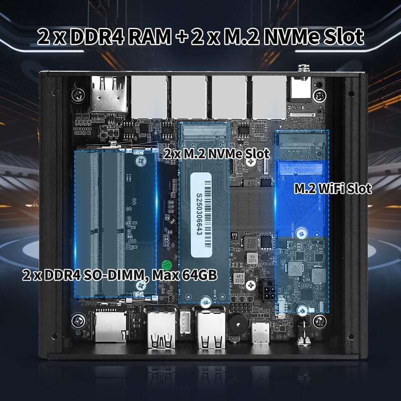 Mini PC senza ventola Ryzen 5 5500U, 4 x i226V 2.5GbE LAN Micro Firewall Appliance OPNsense Router, Barebone No RAM No SSD, AES-NI, 2 x DDR4, 2 x slot NVMe, 3 display, Type-C Support 12-20V