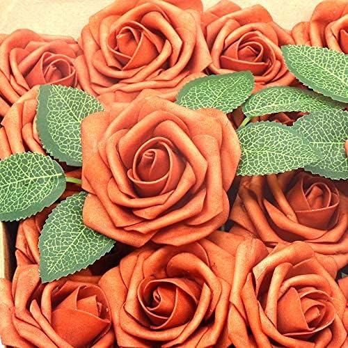 Miniatura 2 de 50 rosas artificiales de espuma de tacto real, decoración para boda, dama de honor, ramo de novia, centros de mesa, fiestas (50, naranja quemado,