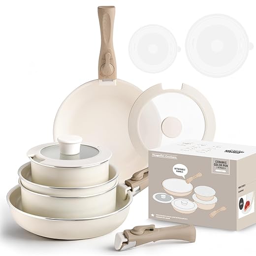10-Piece Ceramic Nonstick Cookware Set, PFAS/PFOA/PTFE-Free & Non-Toxic Pots and Pans Set with Detachable Handles, Dishwasher Safe & Induction Compatible for Kitchen & RV Cooking