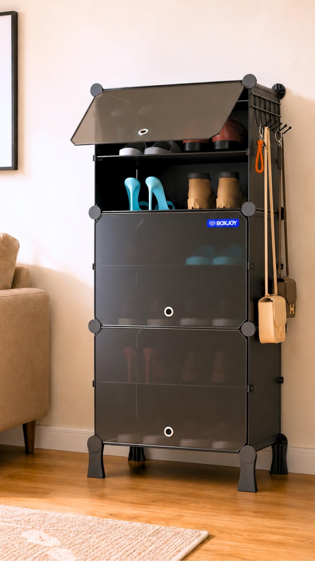 6 Shelf Black Shoe Rack with 3 Doors, Magnets, 5 Hook Steel Holder & W