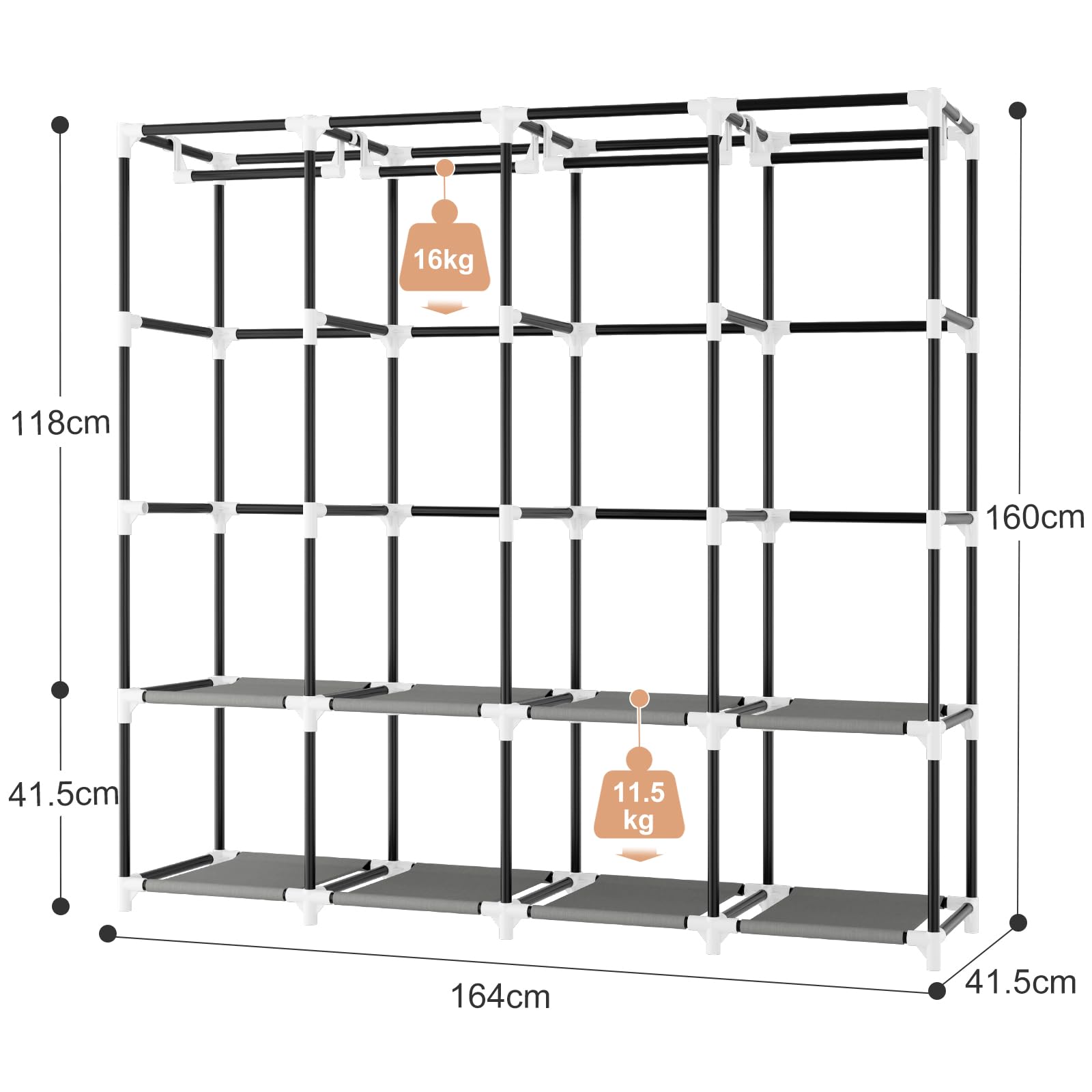 Vicye Armario de Tela para Ropa Plegable, Armarios Dormitorio con 4 Barras para Colgar, 8 Estantes y 8 Bolsillos Laterales, Gran Capacidad Armario Tela Portátil (170 x 45 x 167 cm, Gris)