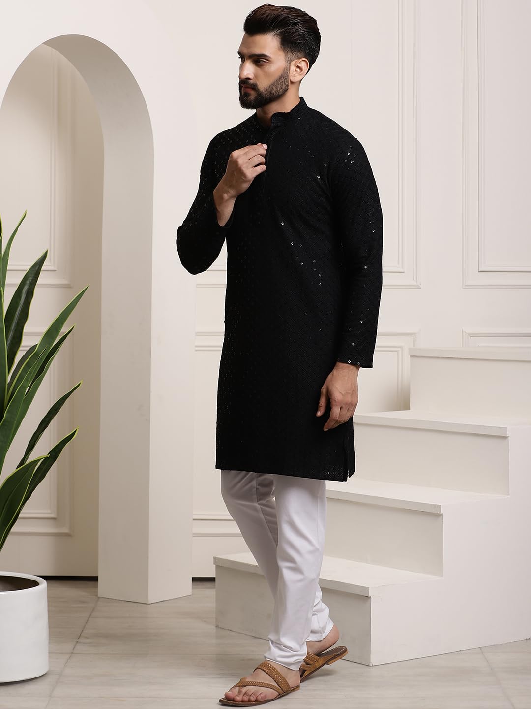 Sojanya (Since 1958 Men's Pure Cotton Black Sequence Kurta & White Pyjama Set